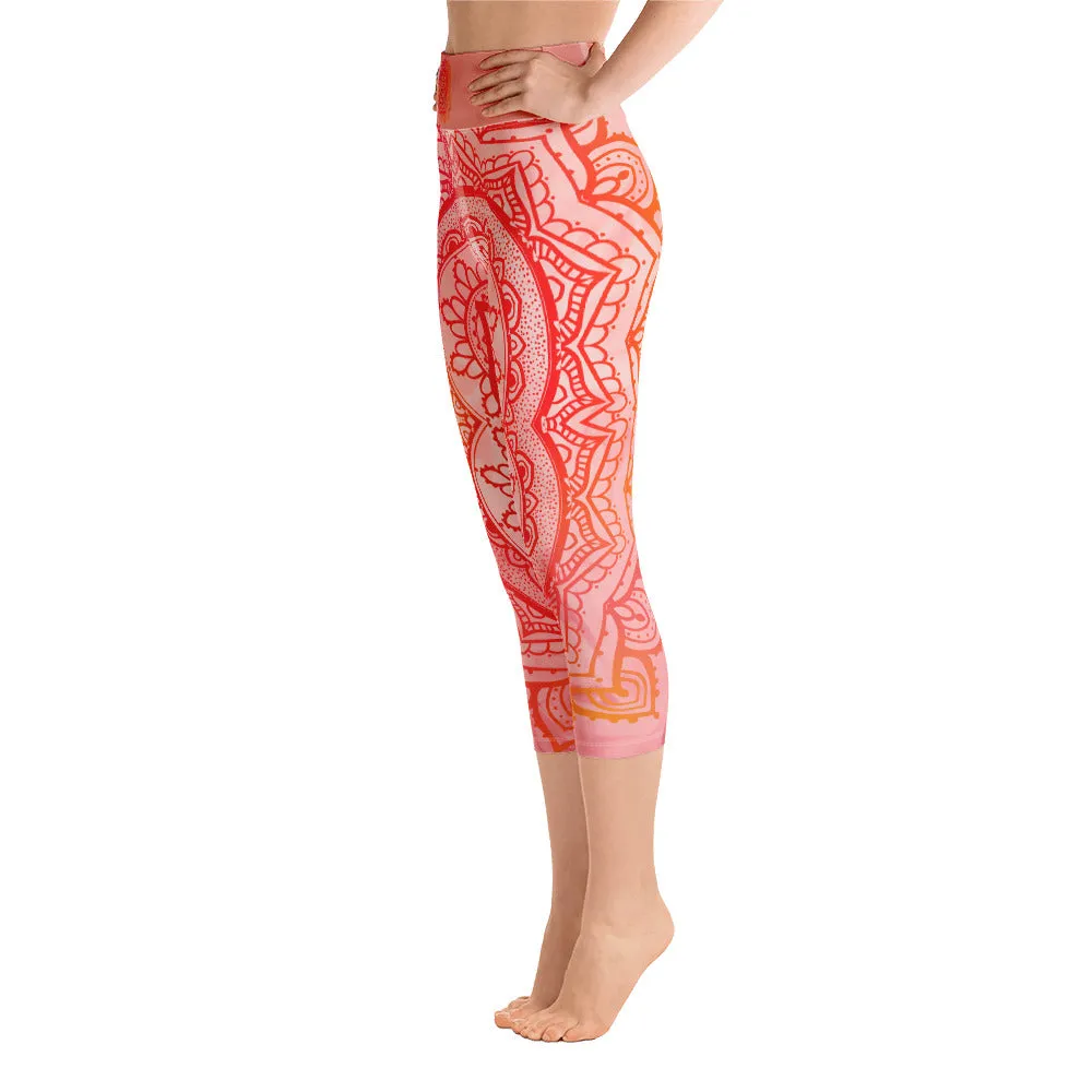 Root Chakra Mandala Capri Leggings by Goddess Swag