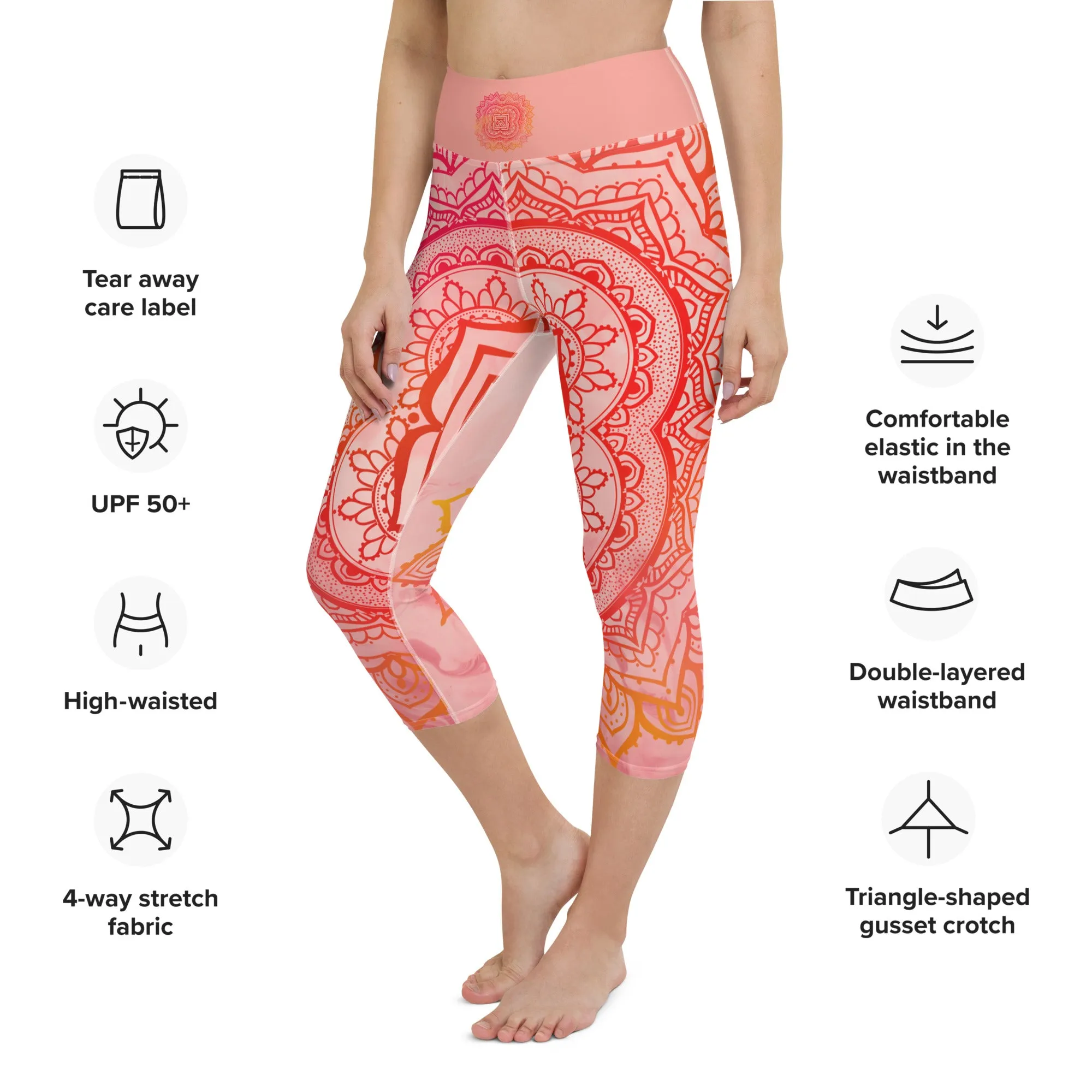 Root Chakra Mandala Capri Leggings by Goddess Swag