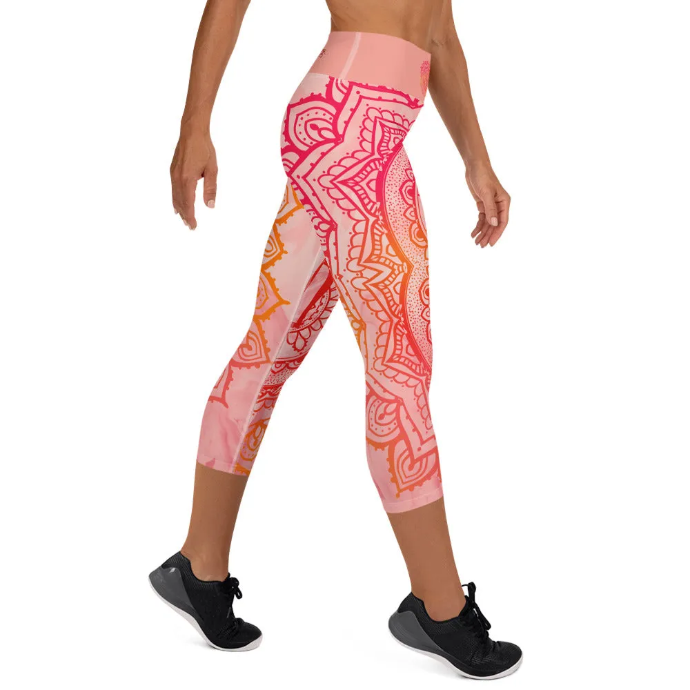 Root Chakra Mandala Capri Leggings by Goddess Swag