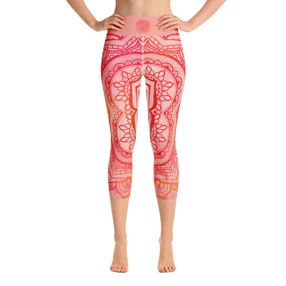 Root Chakra Mandala Capri Leggings by Goddess Swag