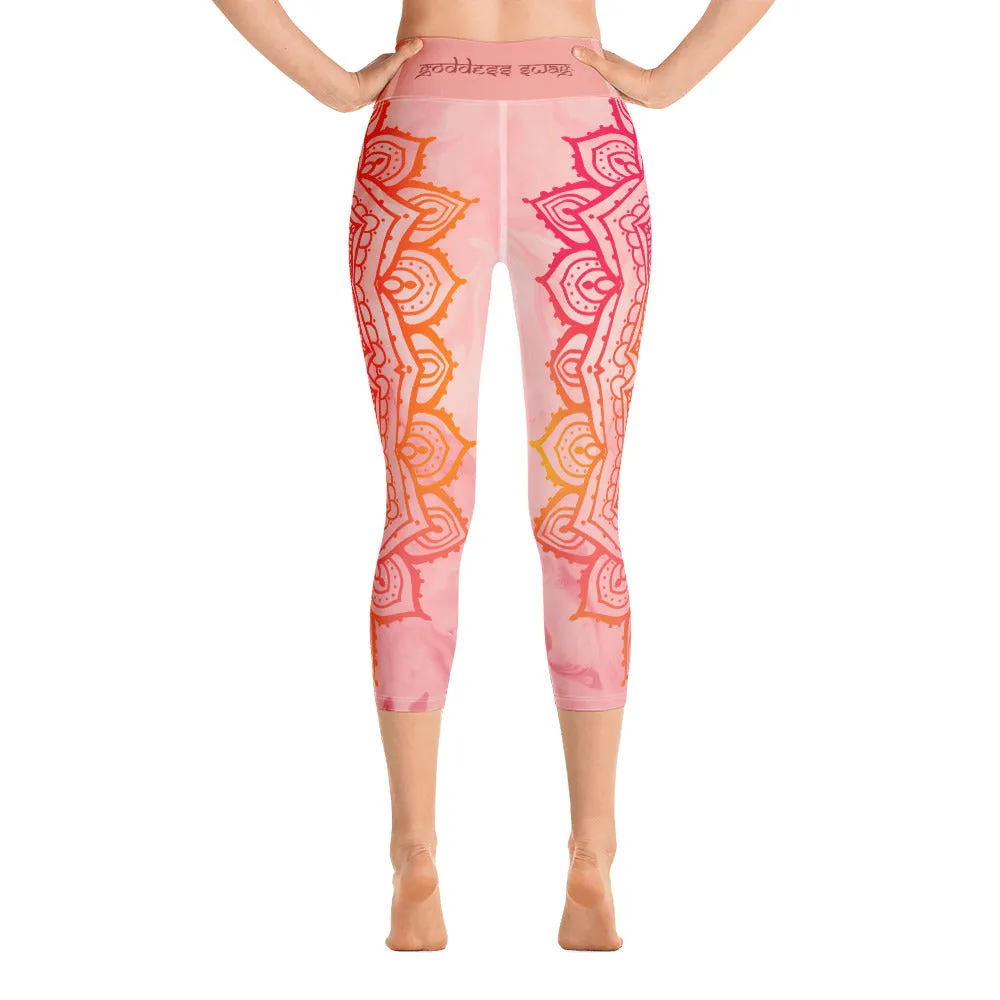 Root Chakra Mandala Capri Leggings by Goddess Swag