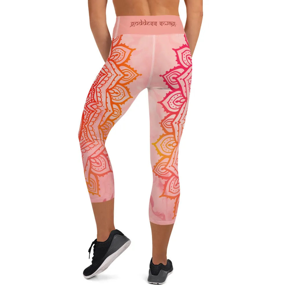 Root Chakra Mandala Capri Leggings by Goddess Swag