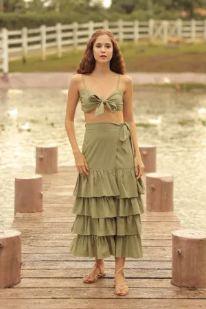 ROSALIE SET Wrap Tie Top with Wrap Around Ruffled Skirt (Avocado Green Linen)