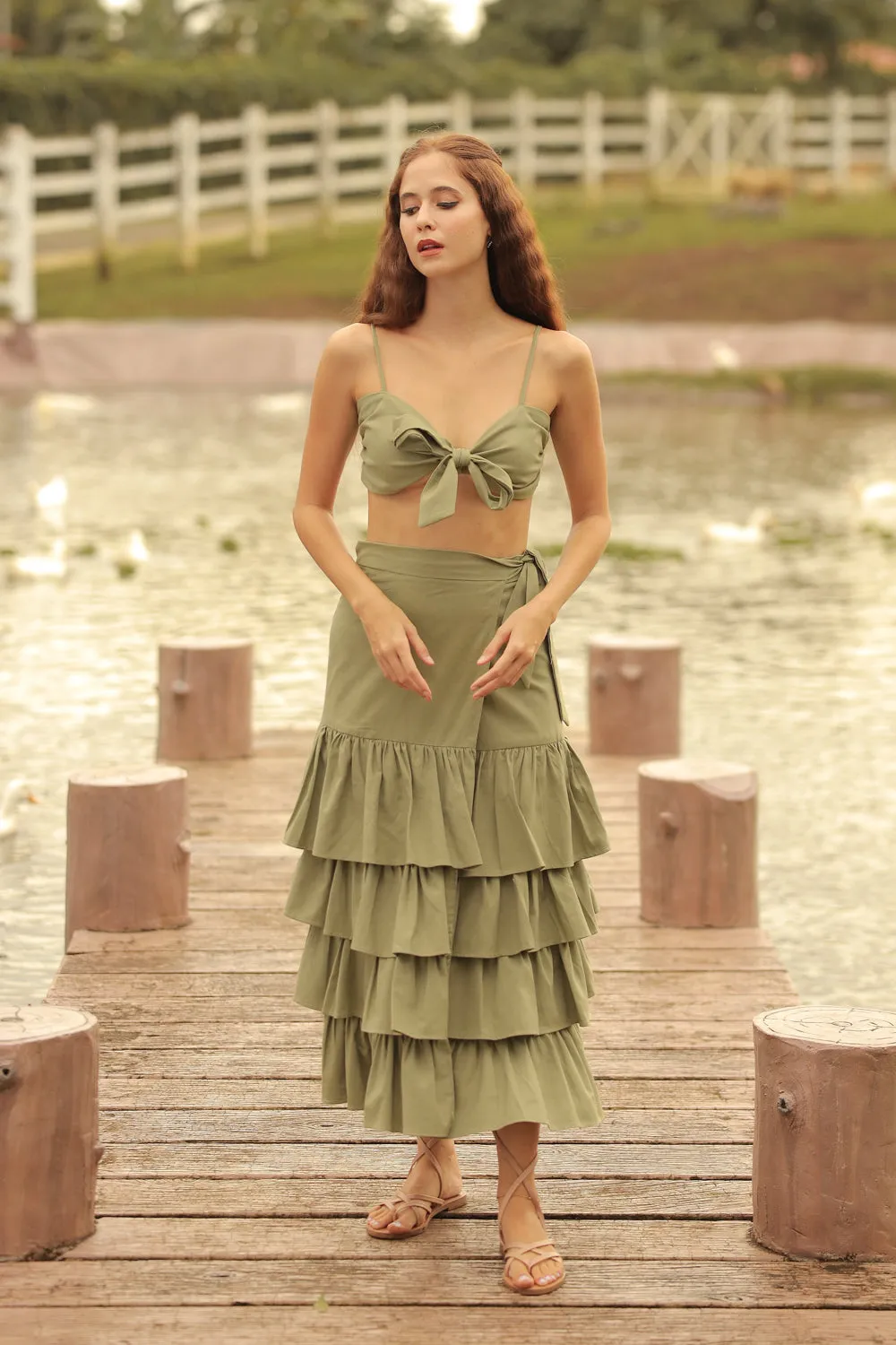 ROSALIE SET Wrap Tie Top with Wrap Around Ruffled Skirt (Avocado Green Linen)