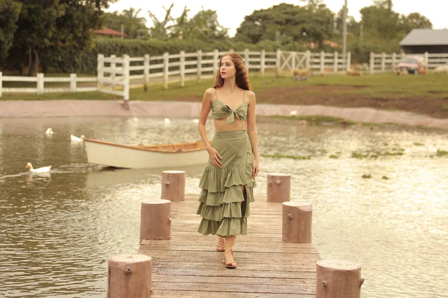 ROSALIE SET Wrap Tie Top with Wrap Around Ruffled Skirt (Avocado Green Linen)
