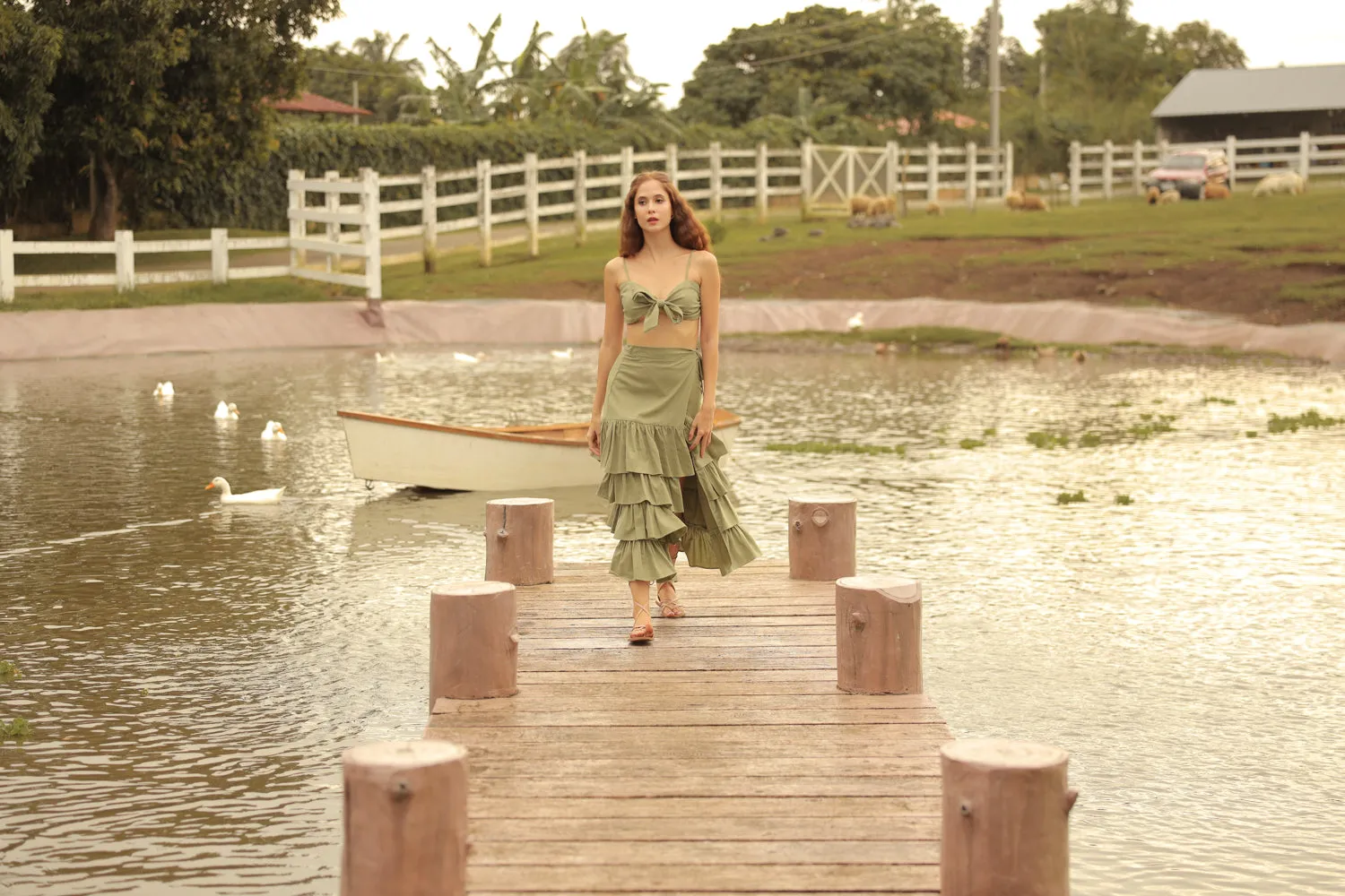 ROSALIE SET Wrap Tie Top with Wrap Around Ruffled Skirt (Avocado Green Linen)