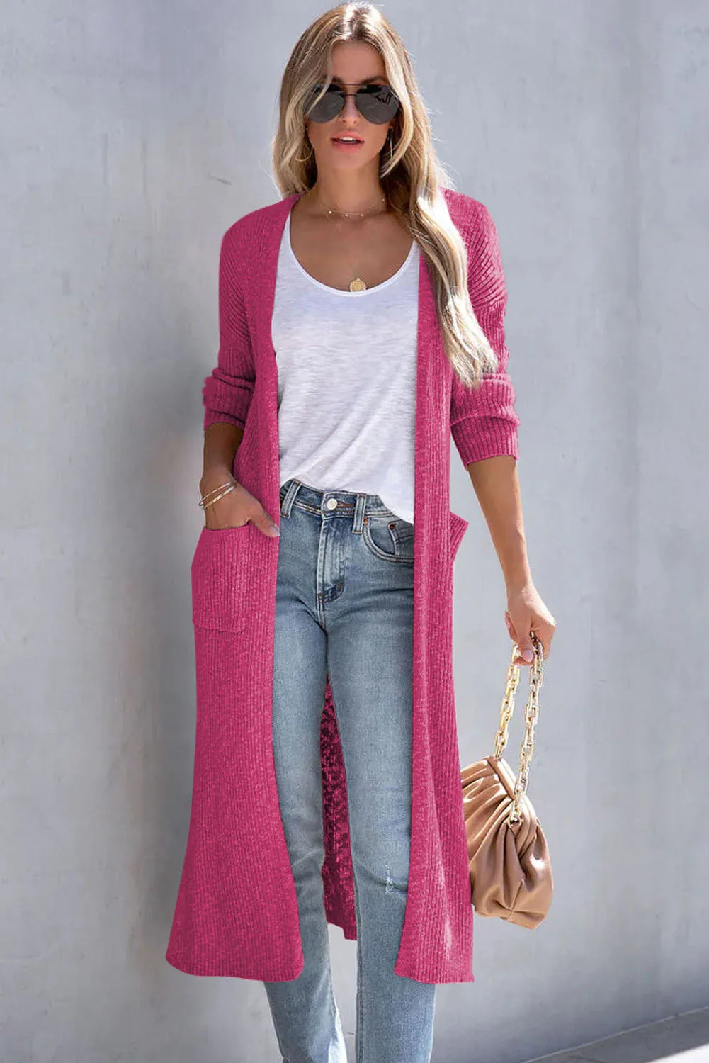 Rose Chic Ribbed Knit Pocketed Long Cardigan