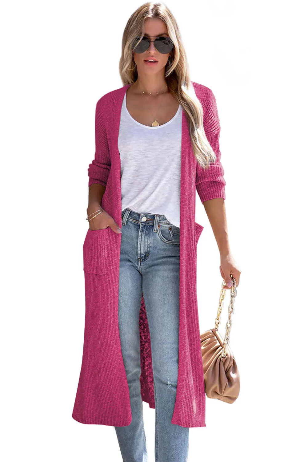Rose Chic Ribbed Knit Pocketed Long Cardigan