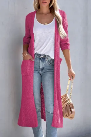 Rose Chic Ribbed Knit Pocketed Long Cardigan