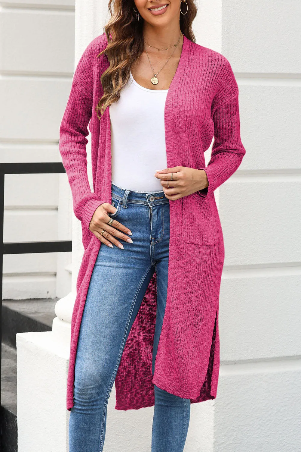 Rose Chic Ribbed Knit Pocketed Long Cardigan