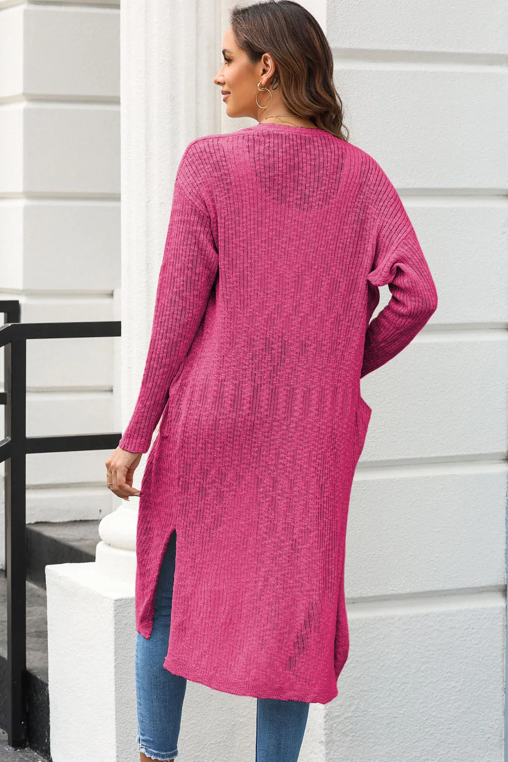 Rose Chic Ribbed Knit Pocketed Long Cardigan