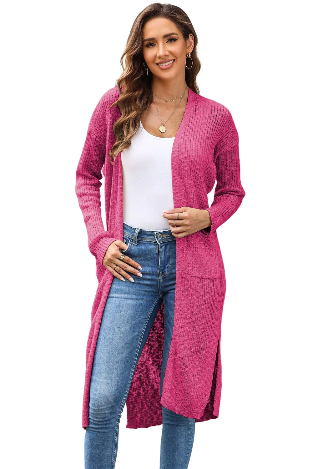 Rose Chic Ribbed Knit Pocketed Long Cardigan