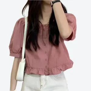 Ruffled Button-Front Short Sleeve Tops