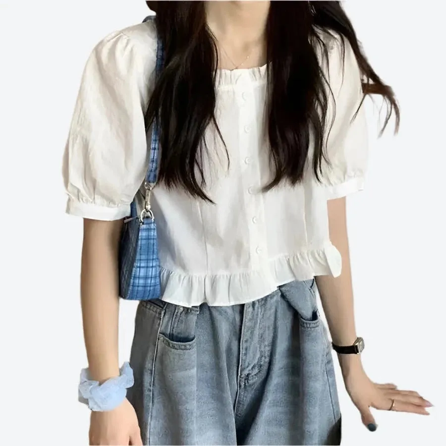 Ruffled Button-Front Short Sleeve Tops