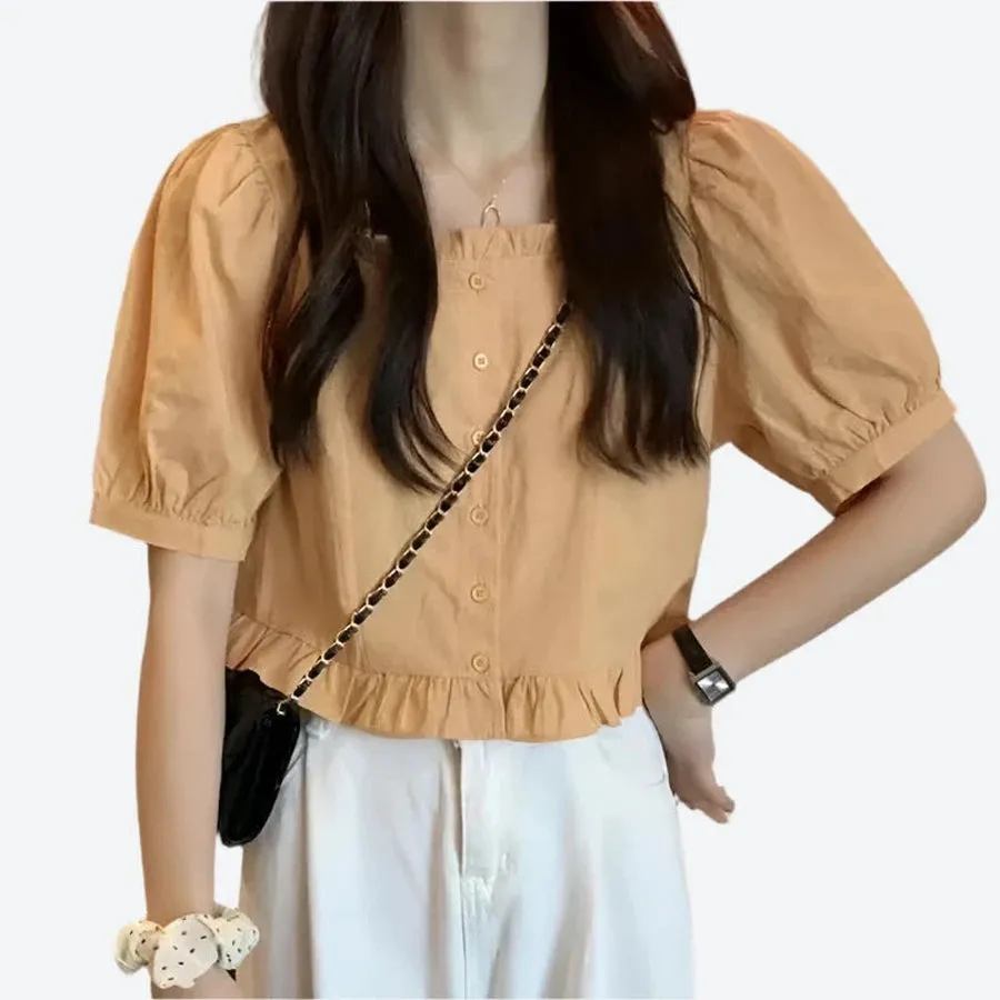 Ruffled Button-Front Short Sleeve Tops