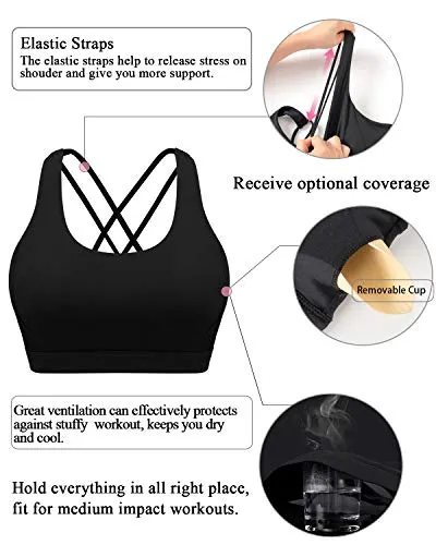 RUNNING GIRL Strappy Sports Bra for Women,Padded Crisscross Back Yoga Bra Cute Medium Impact Workout Activewear(WX2602 Black,XL)