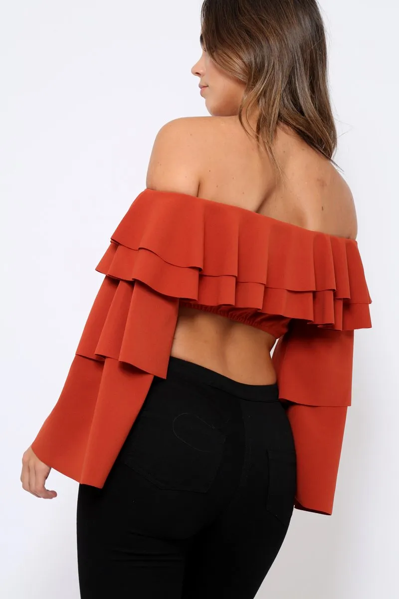 Rust extreme Layered Frill Bardot Crop Top - Nevaeh