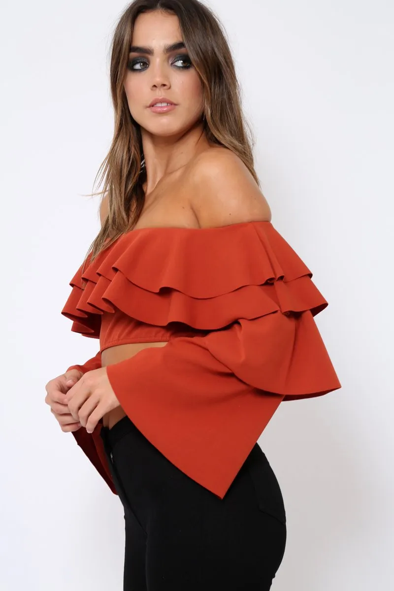 Rust extreme Layered Frill Bardot Crop Top - Nevaeh