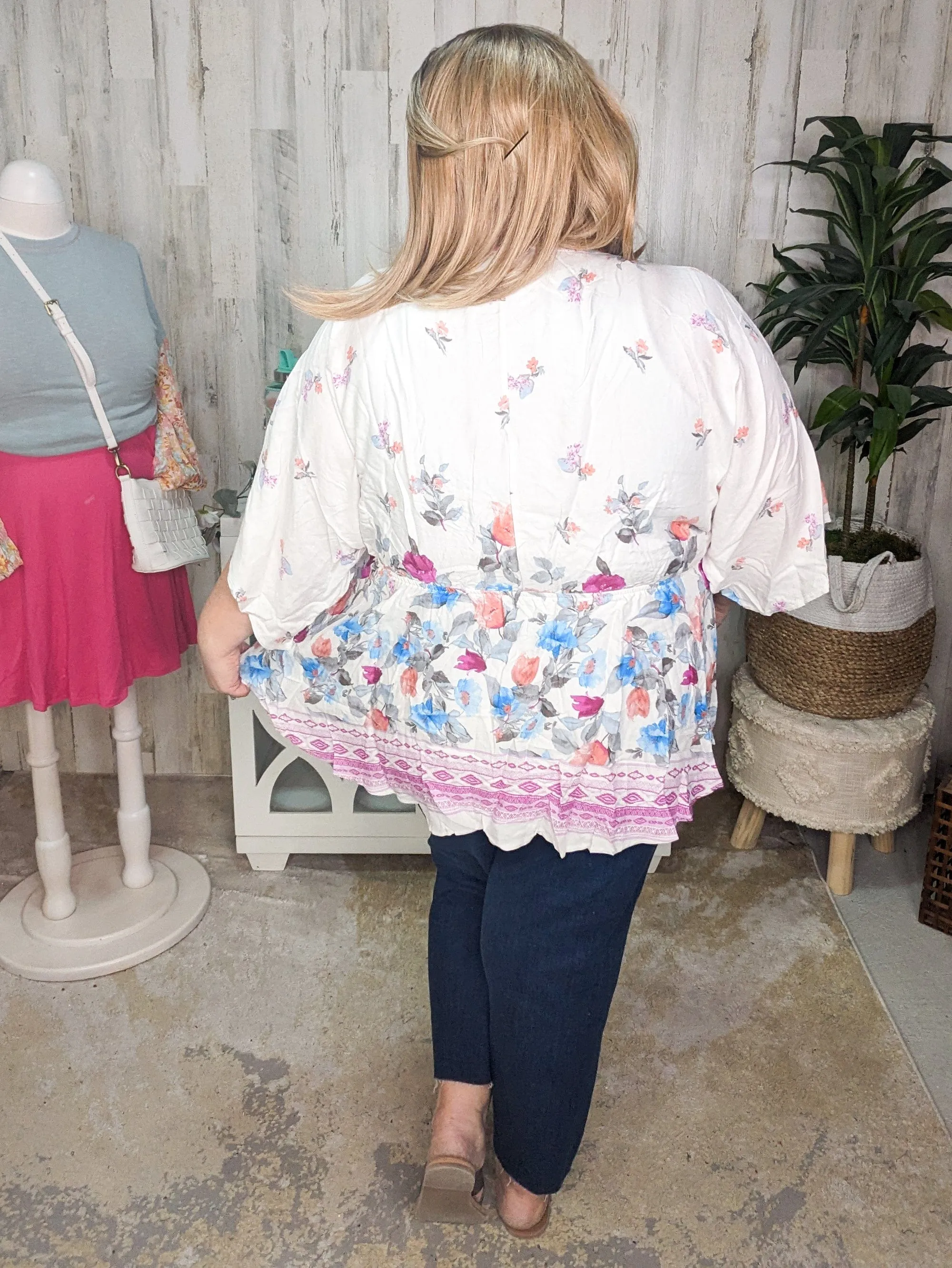 SALE- Eloise Kimono Cut Floral Woven Top in Ivory