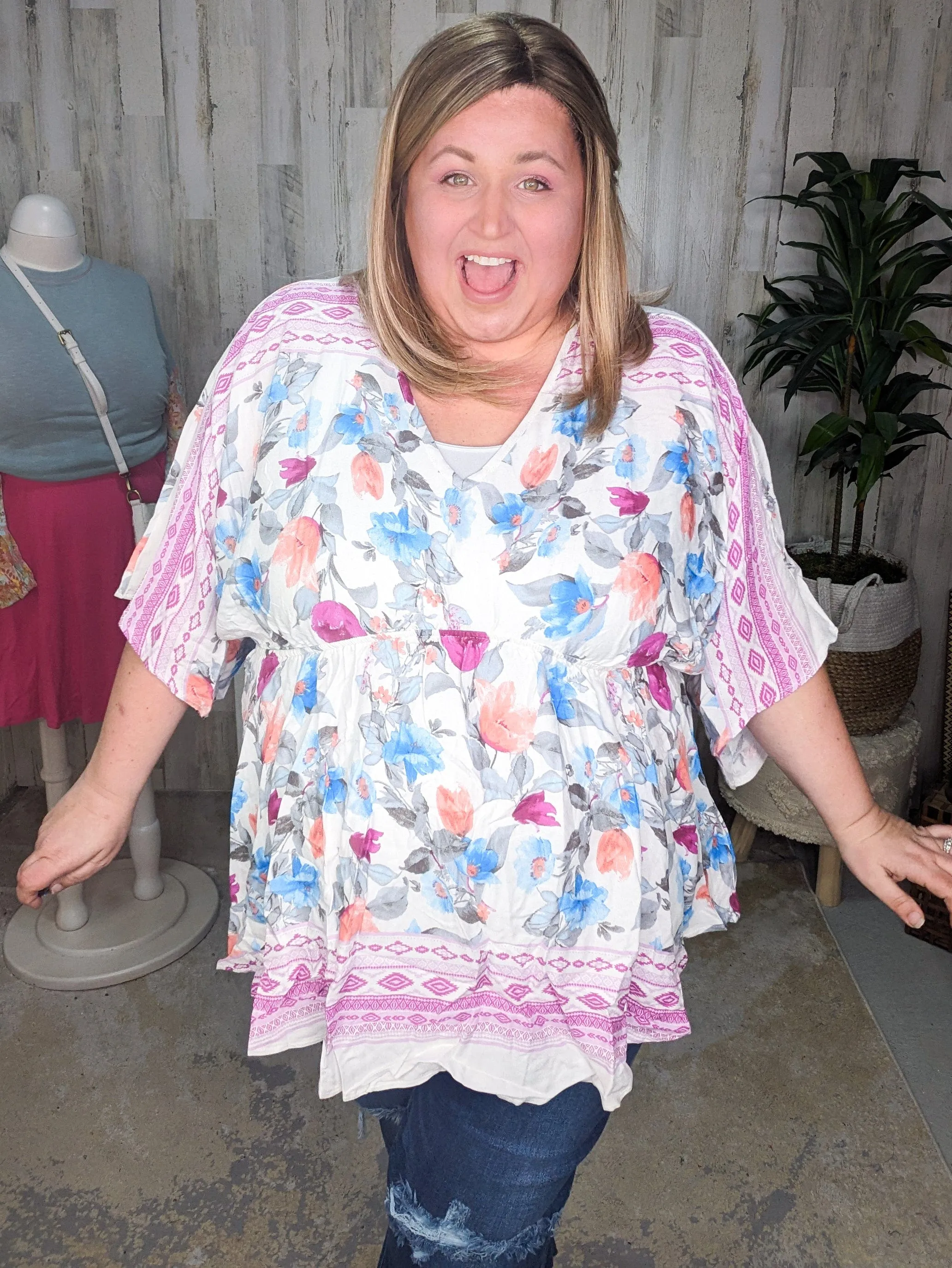 SALE- Eloise Kimono Cut Floral Woven Top in Ivory