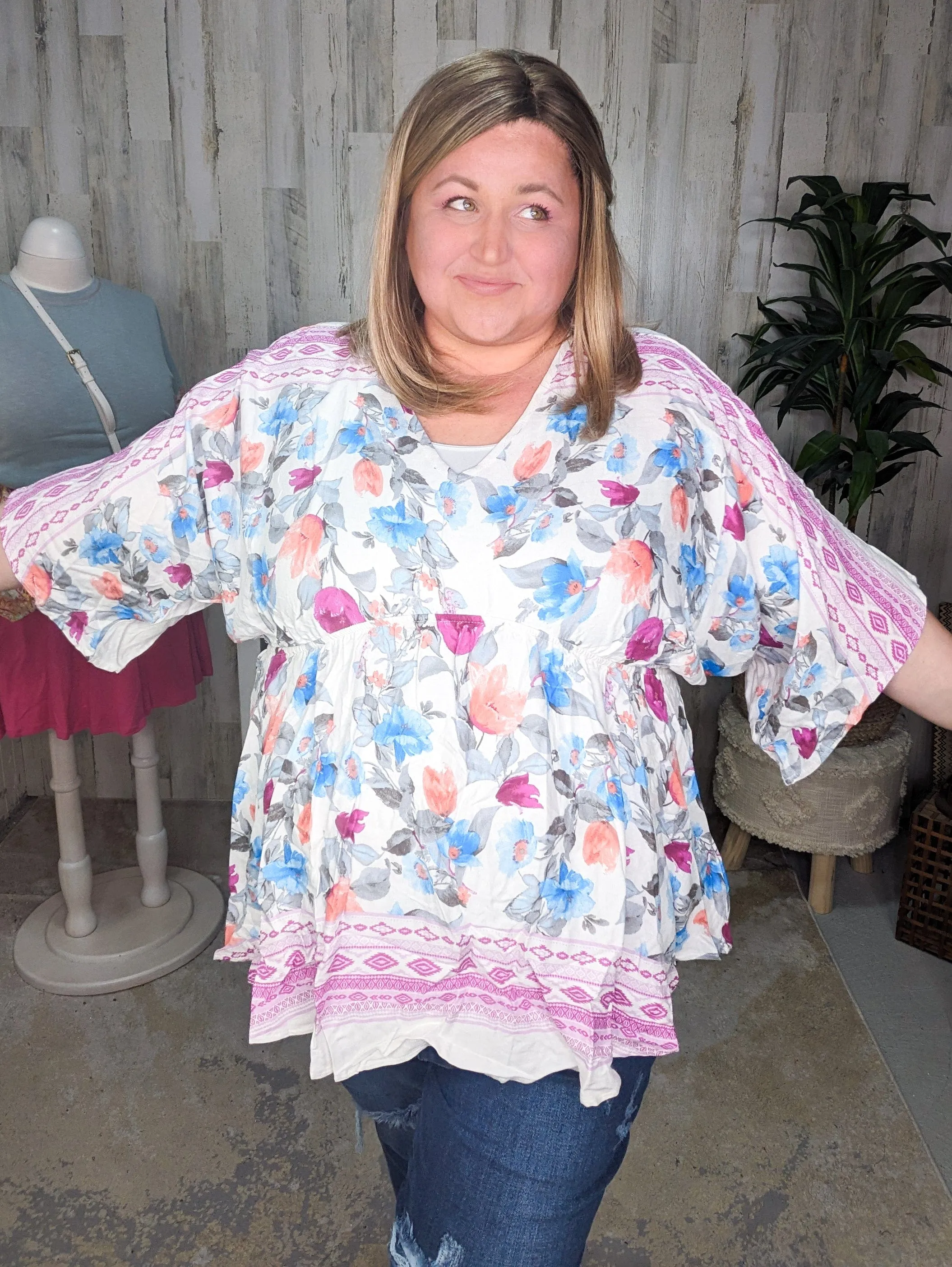 SALE- Eloise Kimono Cut Floral Woven Top in Ivory