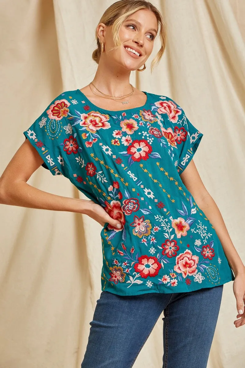 Savanna Jane Teal Classic Dolman Sleeve Embroidered Top