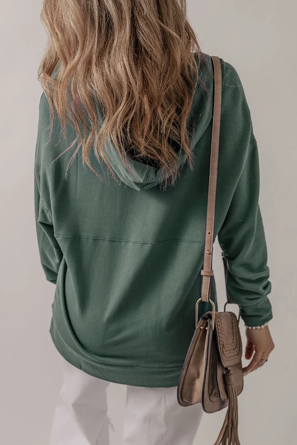 Sea green Casual V Neck Drawstring Hoodie