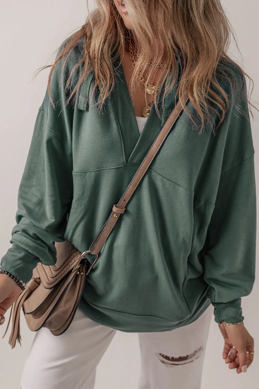 Sea green Casual V Neck Drawstring Hoodie