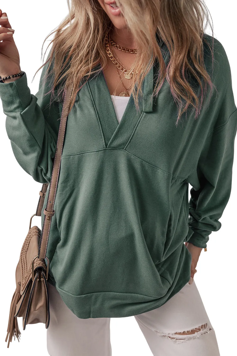 Sea green Casual V Neck Drawstring Hoodie