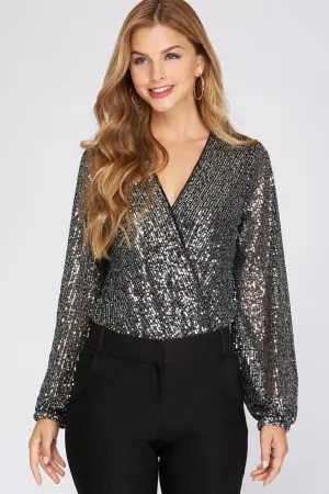 Sequin Snap Closure Long Sleeve Bodysuit