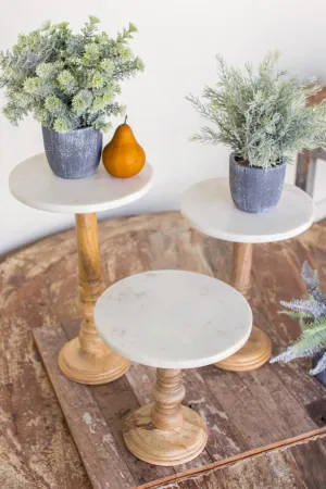 Set of 3 Wooden Display Stands with White Marble Tops