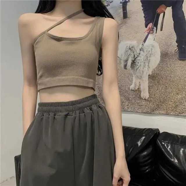 Sexy Slash Shoulder Solid Color Tank Top