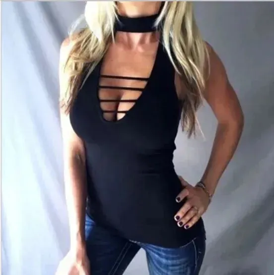 Sexy Tank Women Casual Lace Up Hollow Out V neck Tops