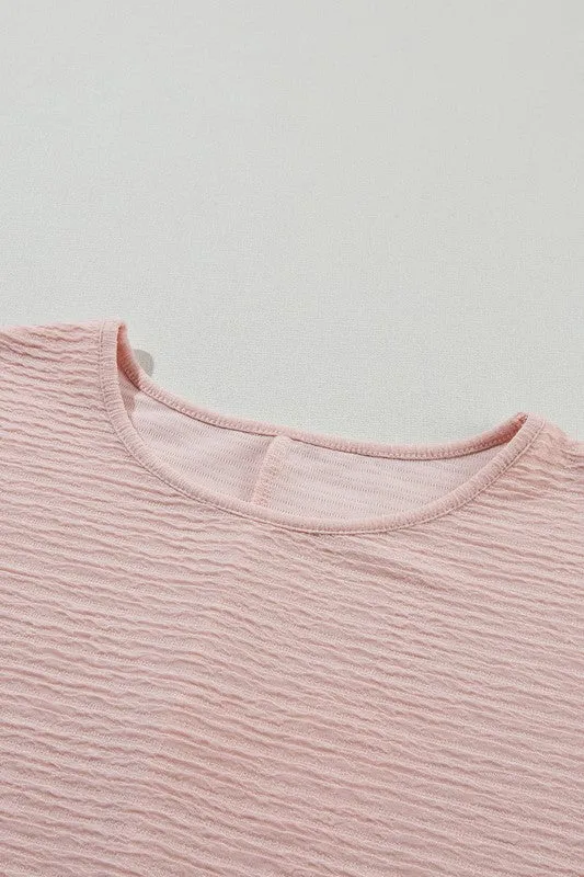 SHEWIN INC. Solid Textured Ruffled Short Sleeve Blouse
