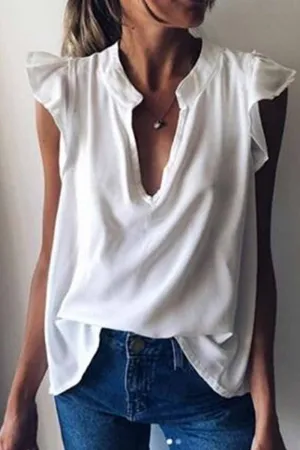 Short-sleeved Solid Color Ruffled Casual Blouse