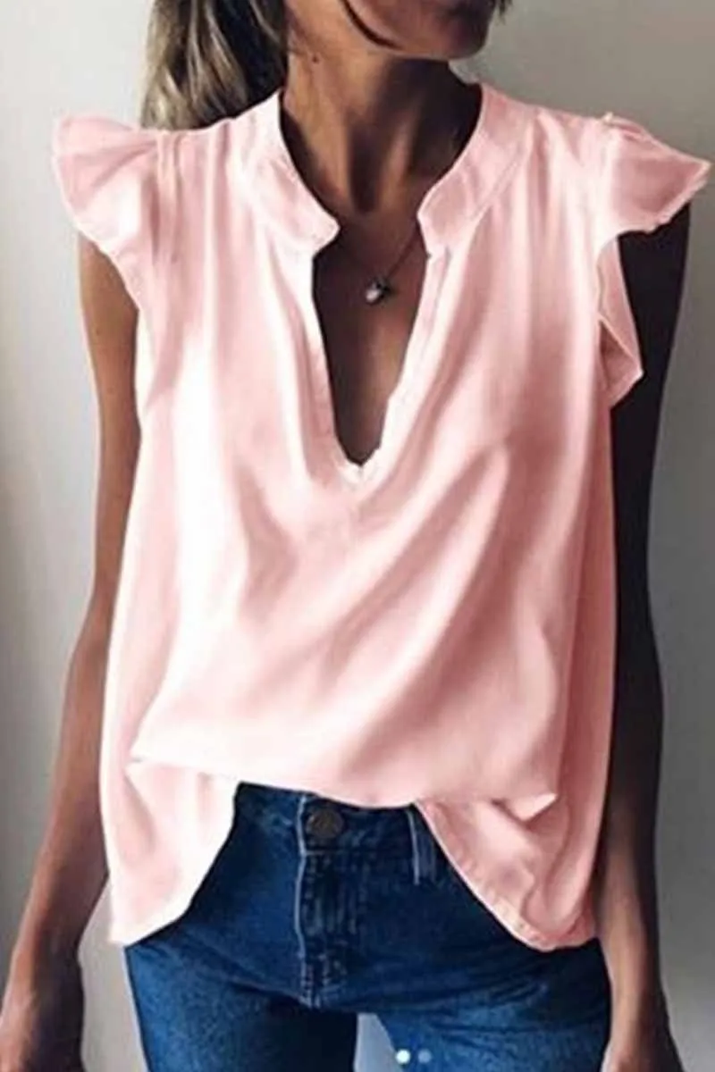 Short-sleeved Solid Color Ruffled Casual Blouse