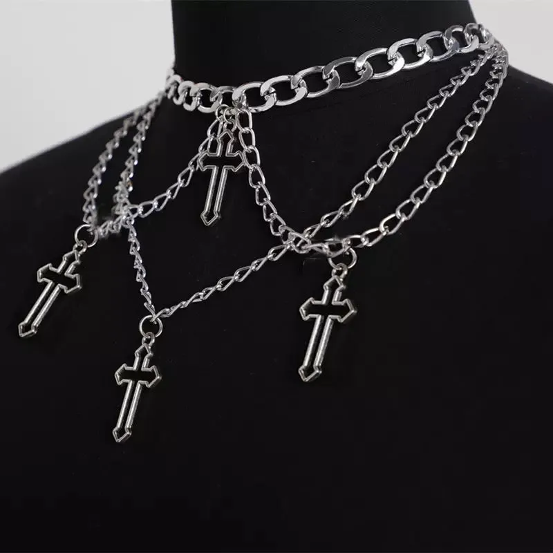 Silver Gothic Cross Pendant Layered Choker Necklace
