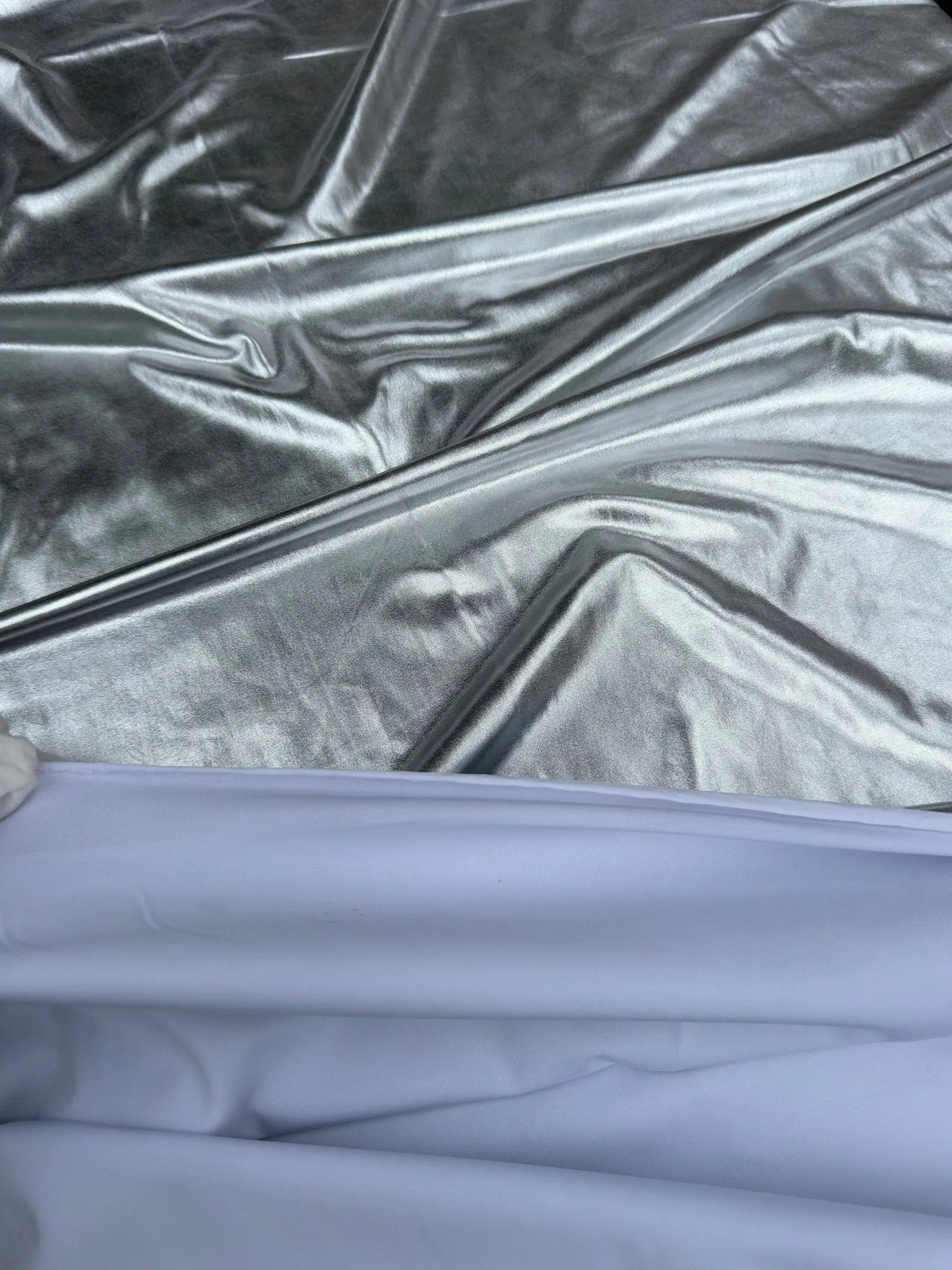 Silver Spandex Lame Foil Fabric by Yard Super Stretch Metallic Lame All Over Foil on Stretch Knit for Dance Wear Costumes, Dresses, Leggings