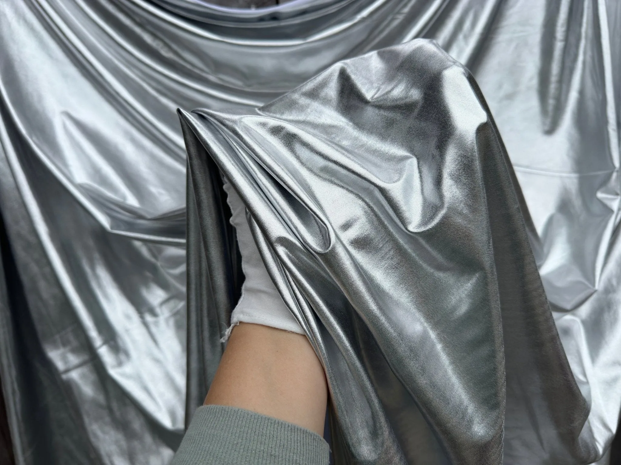 Silver Spandex Lame Foil Fabric by Yard Super Stretch Metallic Lame All Over Foil on Stretch Knit for Dance Wear Costumes, Dresses, Leggings