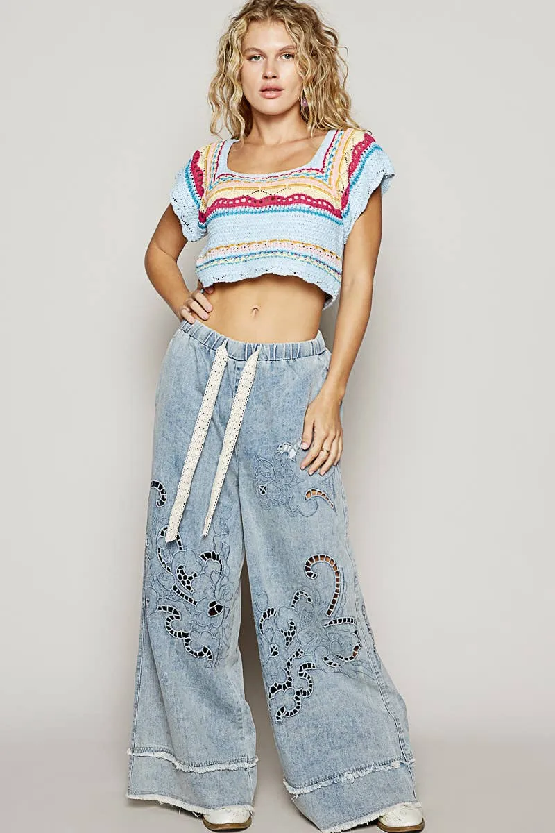 Sky Blue Multi Cropped ethnic pattern square neck sweater POL Top