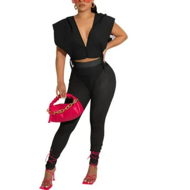 Slit Lace Up Zips Hooded Crop Tops and Mesh Leggings