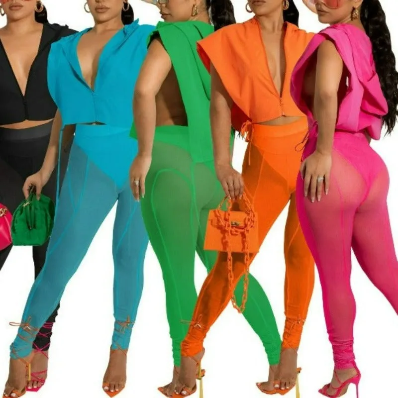 Slit Lace Up Zips Hooded Crop Tops and Mesh Leggings