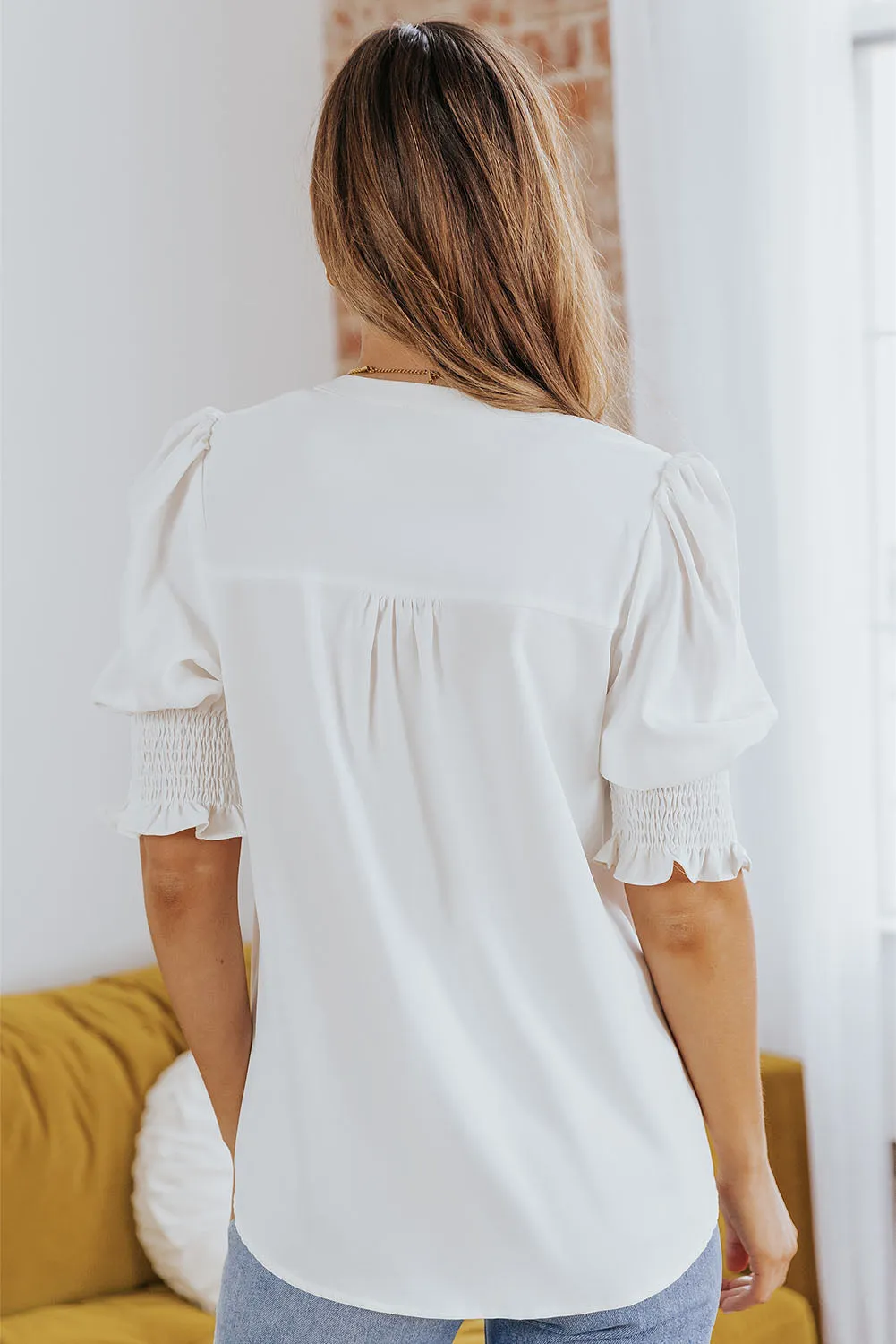 Smocked Flounce Sleeve Notched Neck Blouse (5 Colors)