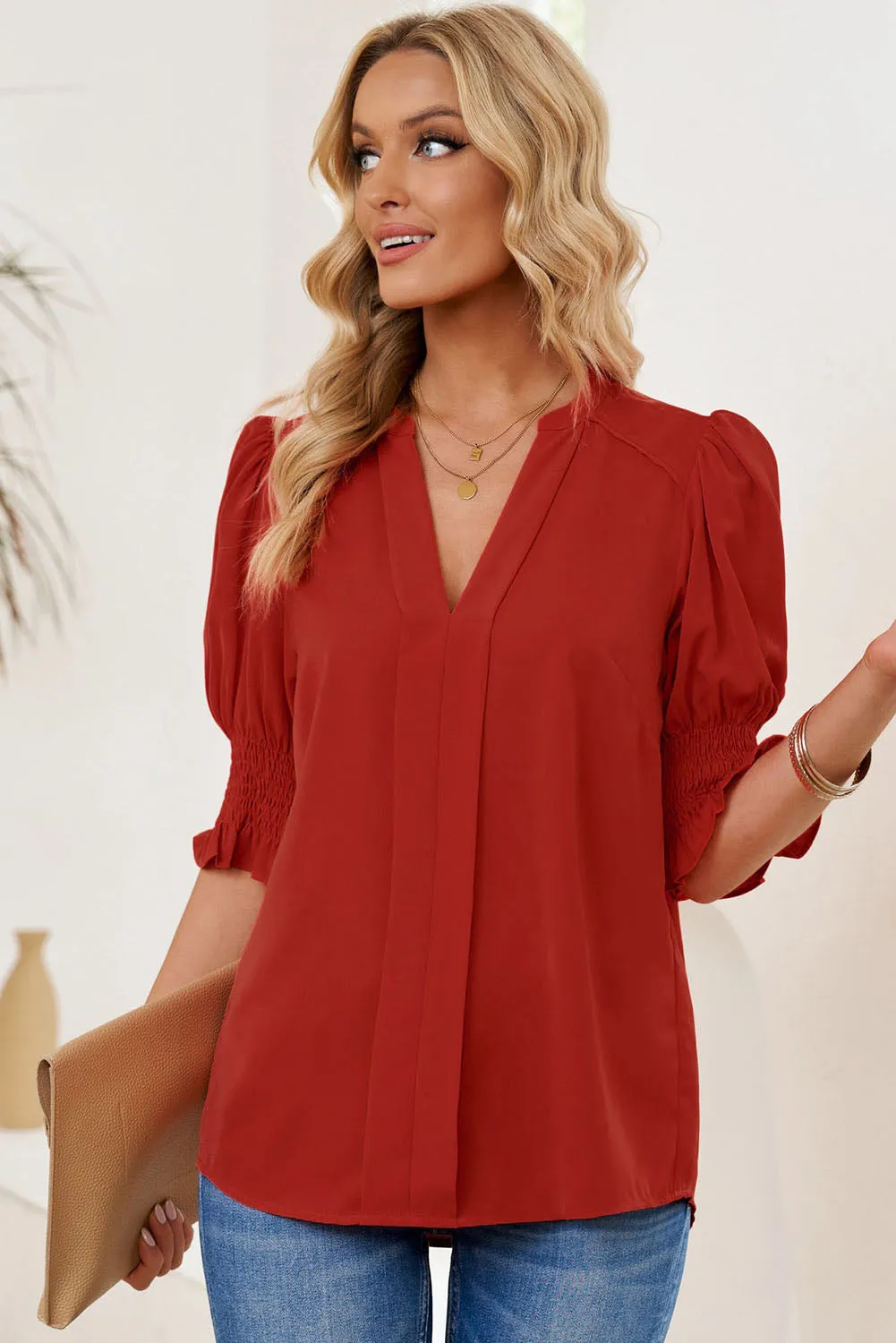 Smocked Flounce Sleeve Notched Neck Blouse (5 Colors)