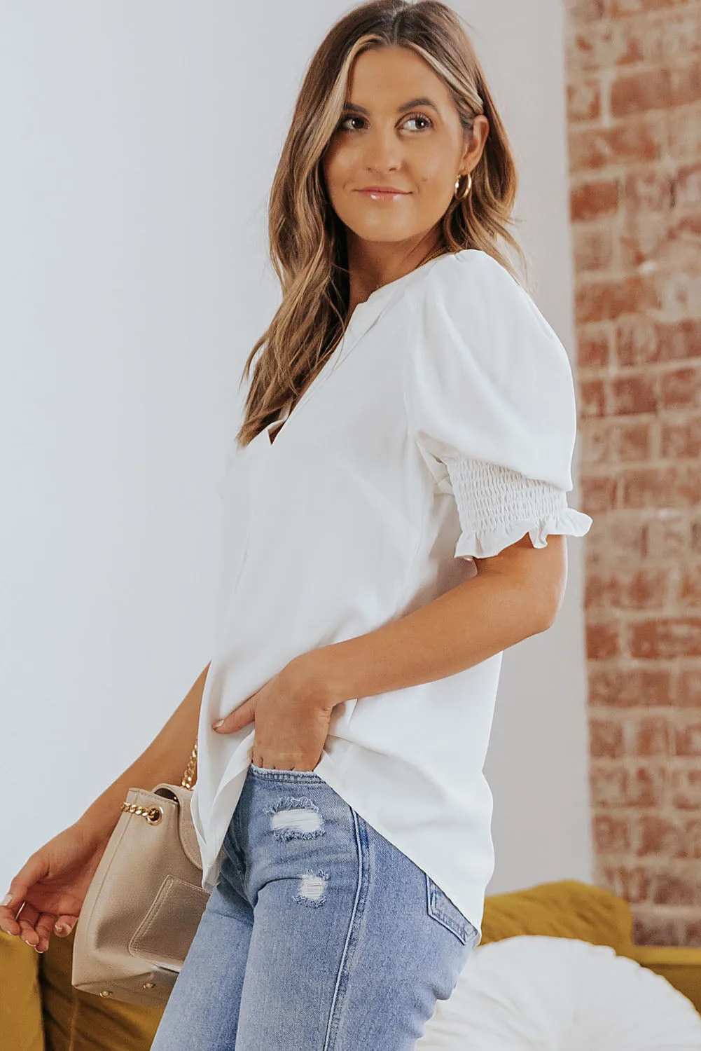 Smocked Flounce Sleeve Notched Neck Blouse (5 Colors)