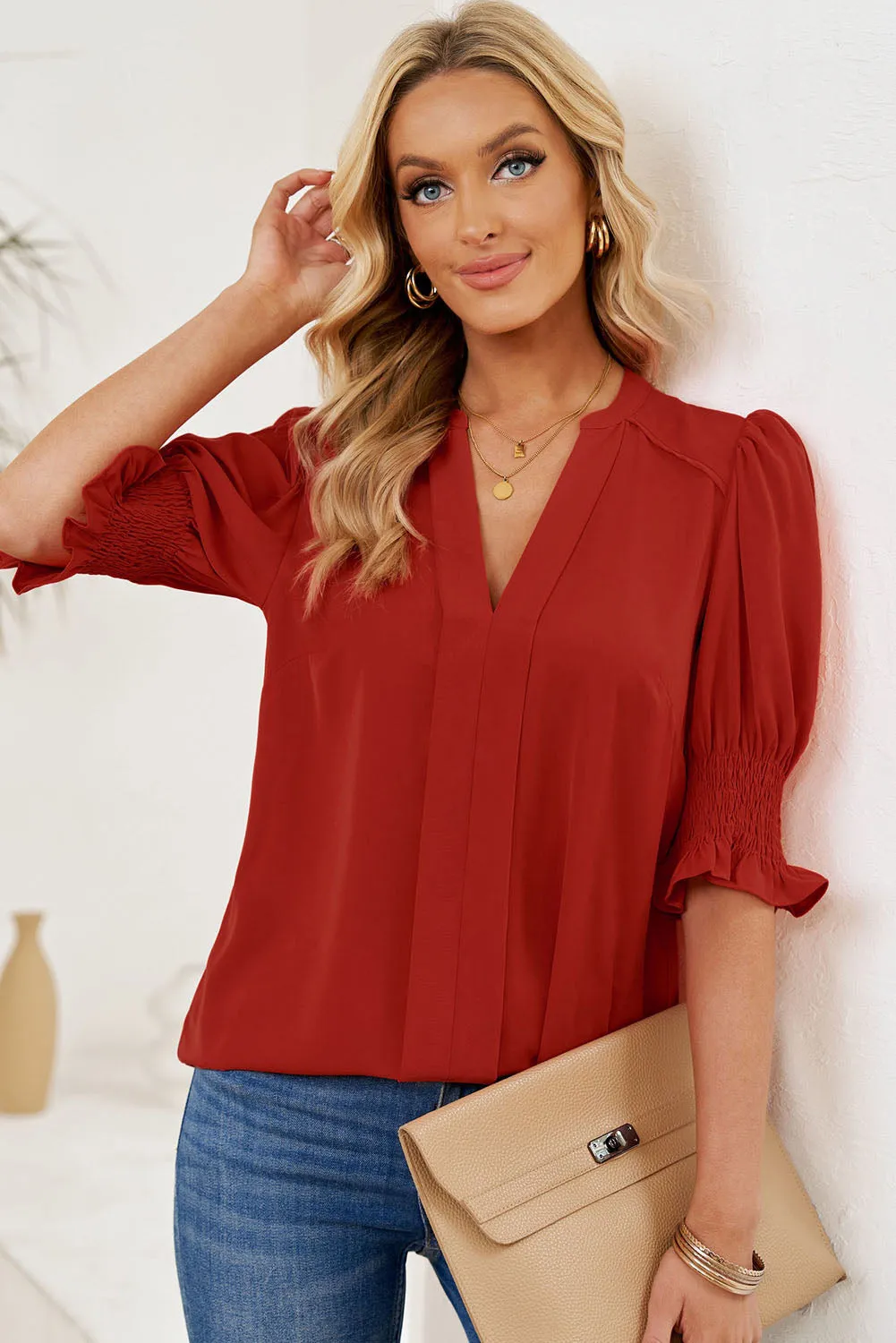 Smocked Flounce Sleeve Notched Neck Blouse (5 Colors)