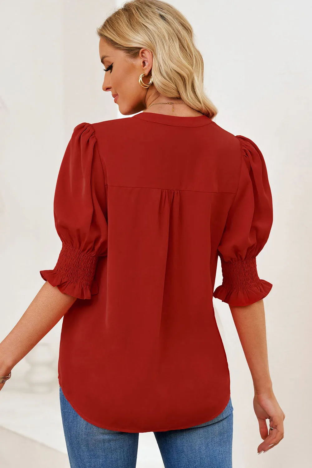 Smocked Flounce Sleeve Notched Neck Blouse (5 Colors)