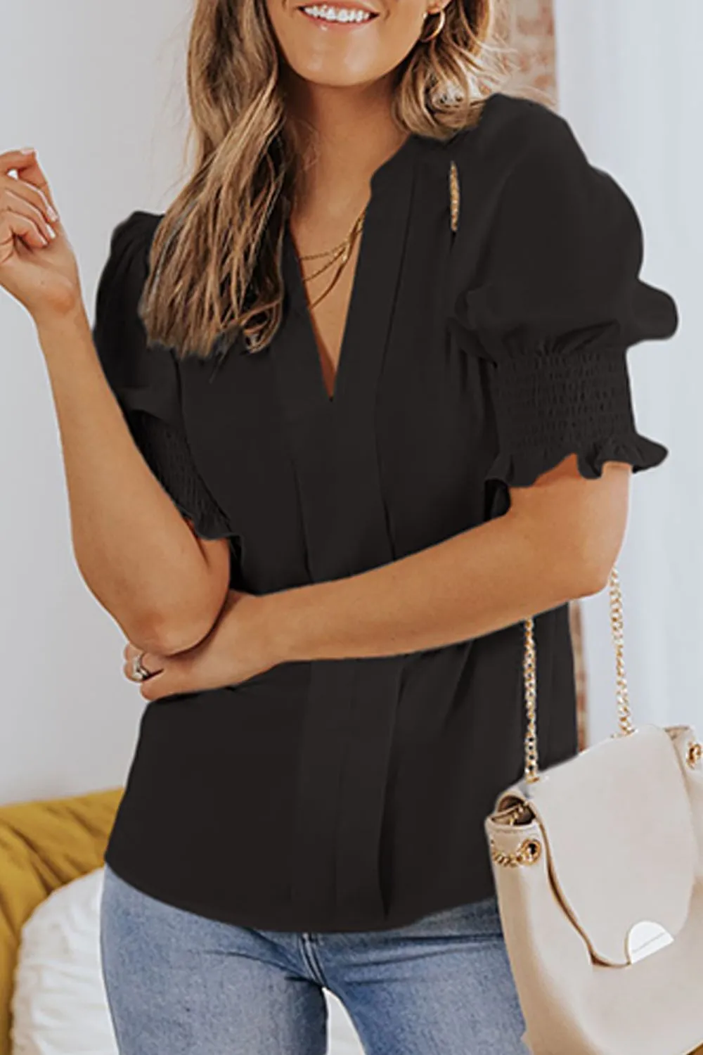 Smocked Flounce Sleeve Notched Neck Blouse (5 Colors)