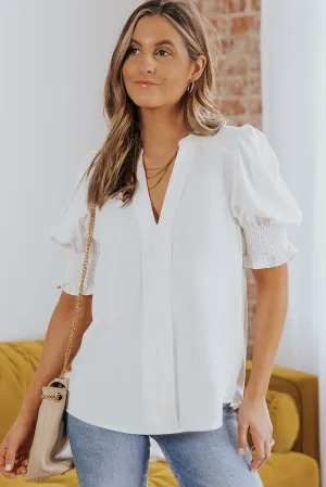Smocked Flounce Sleeve Notched Neck Blouse (5 Colors)