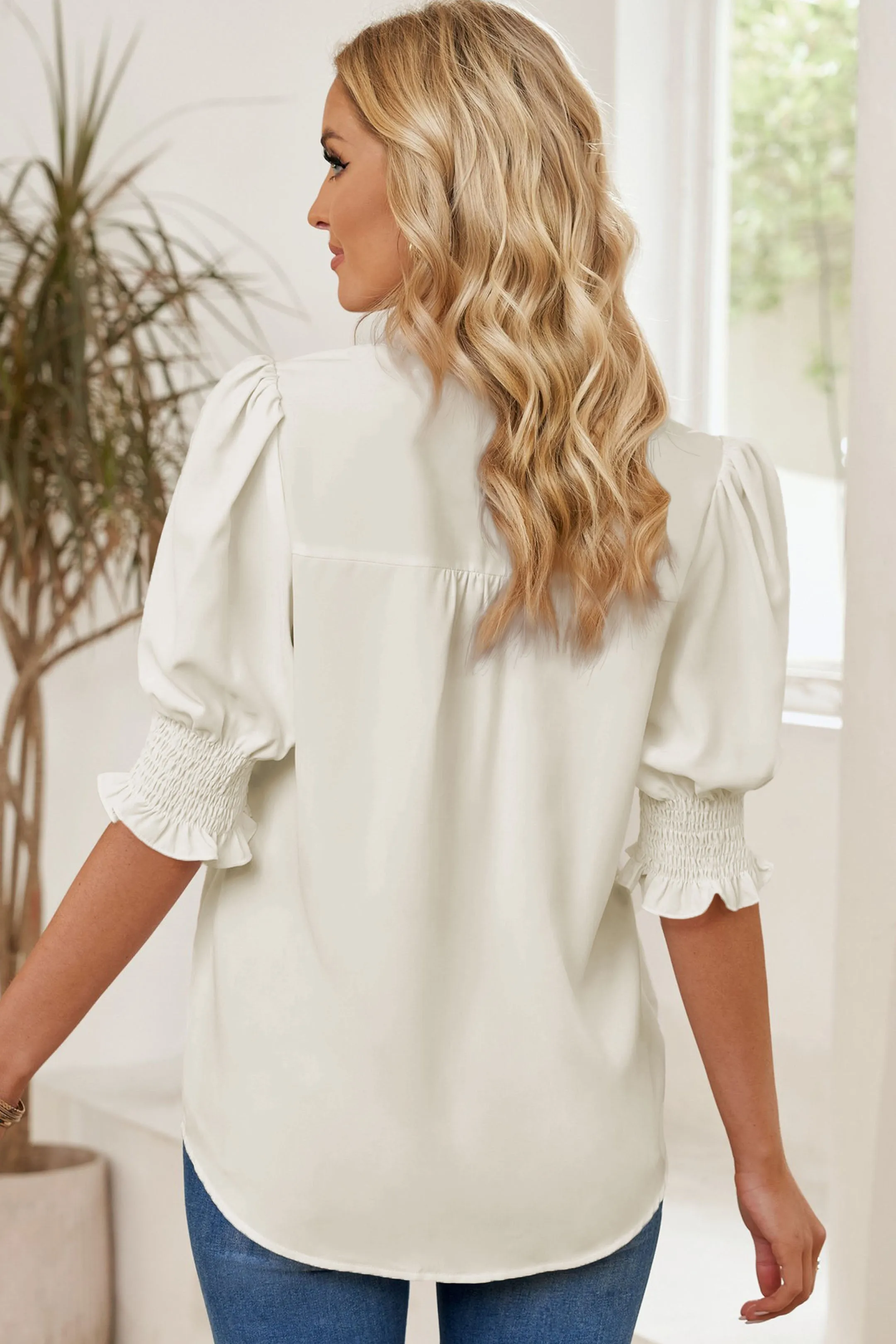 Smocked Flounce Sleeve Notched Neck Blouse (5 Colors)